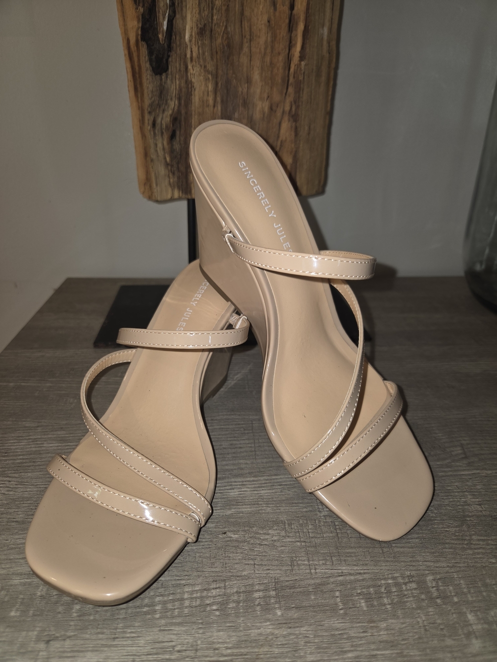 Sincerly Jules Nude Patent Strappy Wedge Block Heel Sandals 8.5